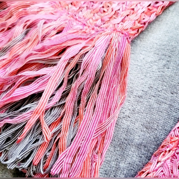 Nic + Zoe Pink & Red Airy Macrame Ribbon Knit Fringe Sweater, Medium Size, - Picture 9 of 16